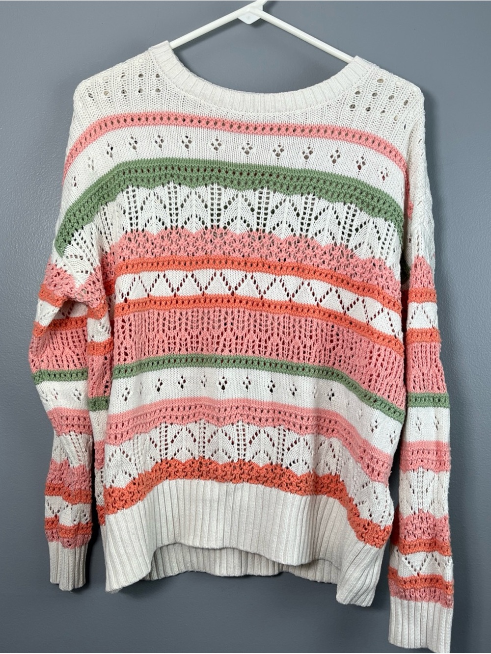 LOFT Ivory Open-Knit Crew Sweater with Pink, Coral & Green Stripes